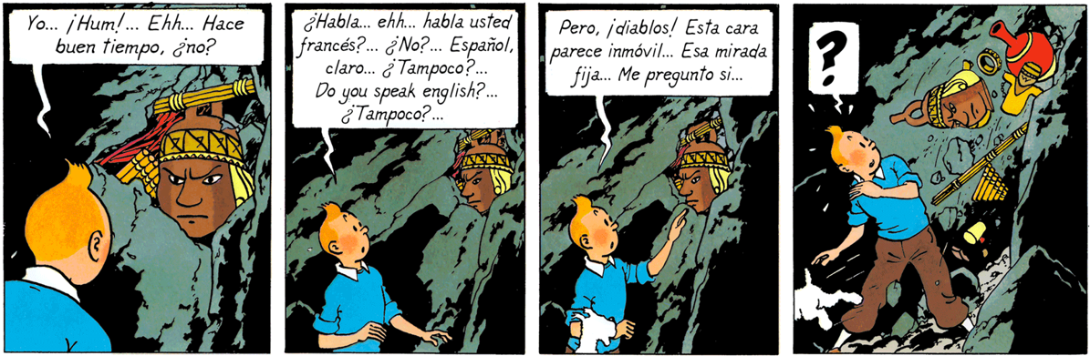 Tintin découvre le vase portrait dans le Temple du Soleil